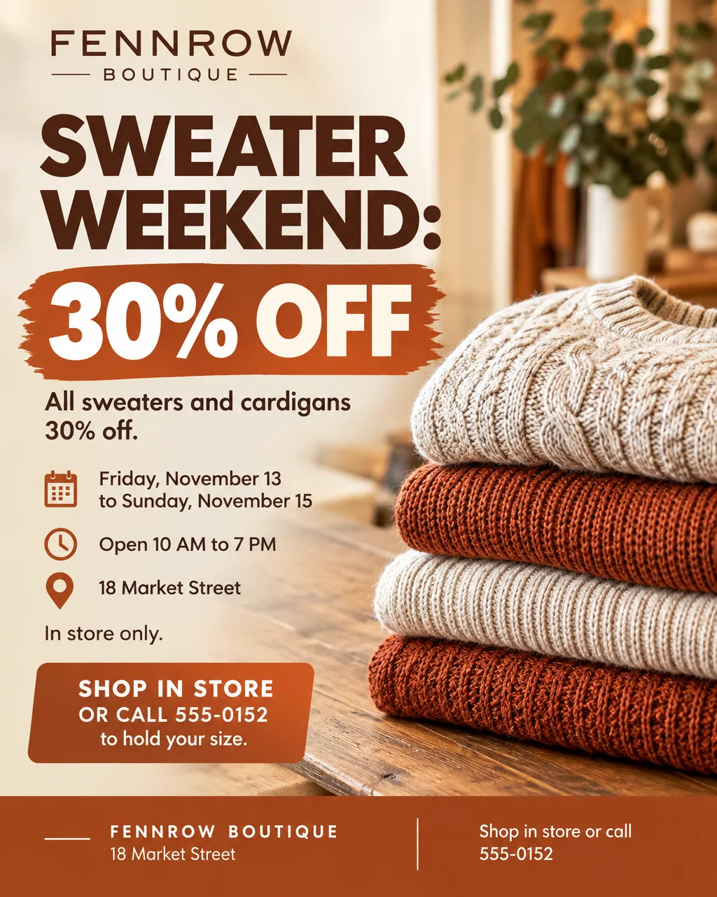 Portrait sale post with folded knit sweaters, Sweater Weekend 30% off, Friday, November 13 to Sunday, November 15