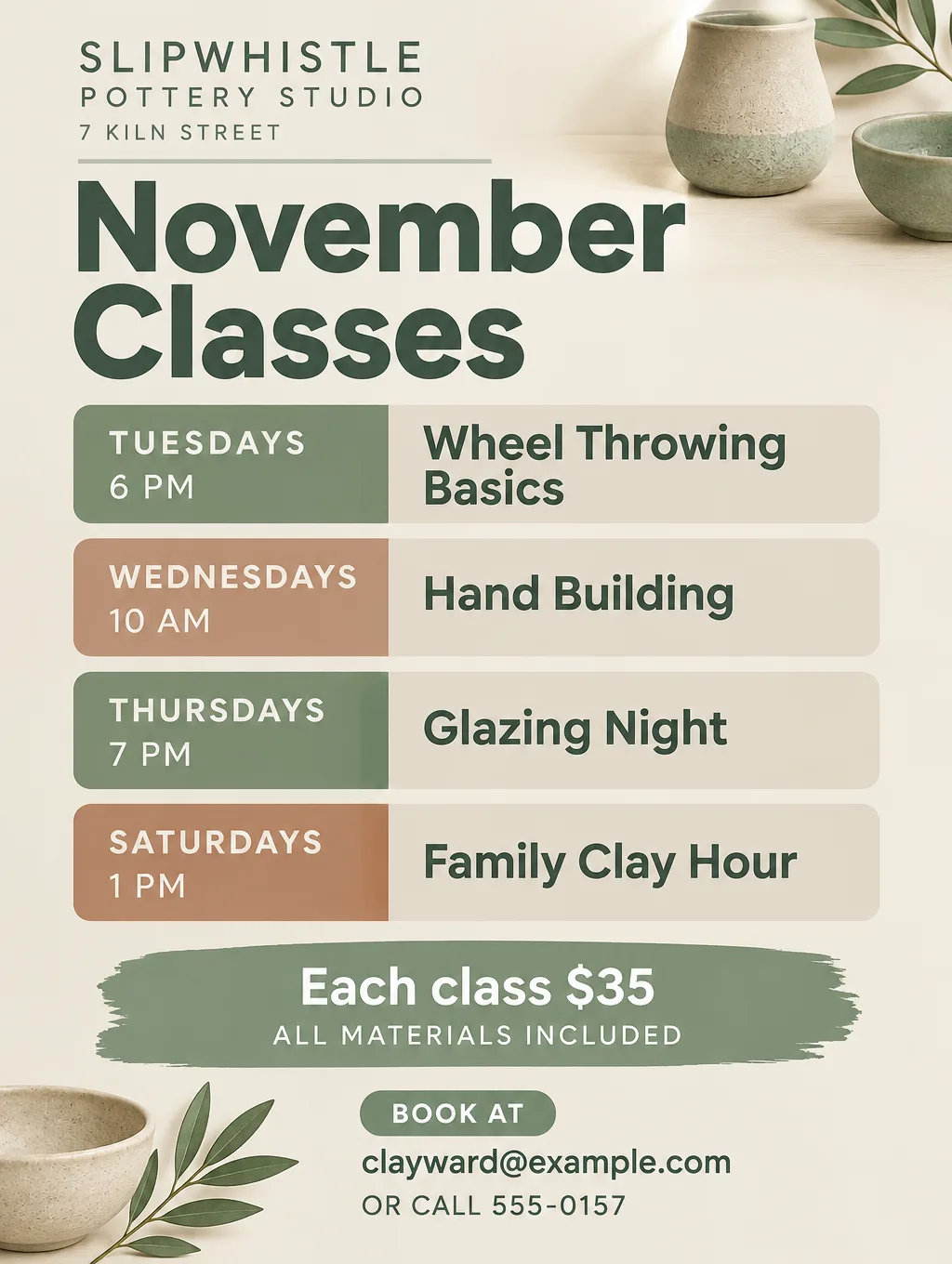 Tall schedule post for a pottery studio listing four weekly classes with times and a $35 class price