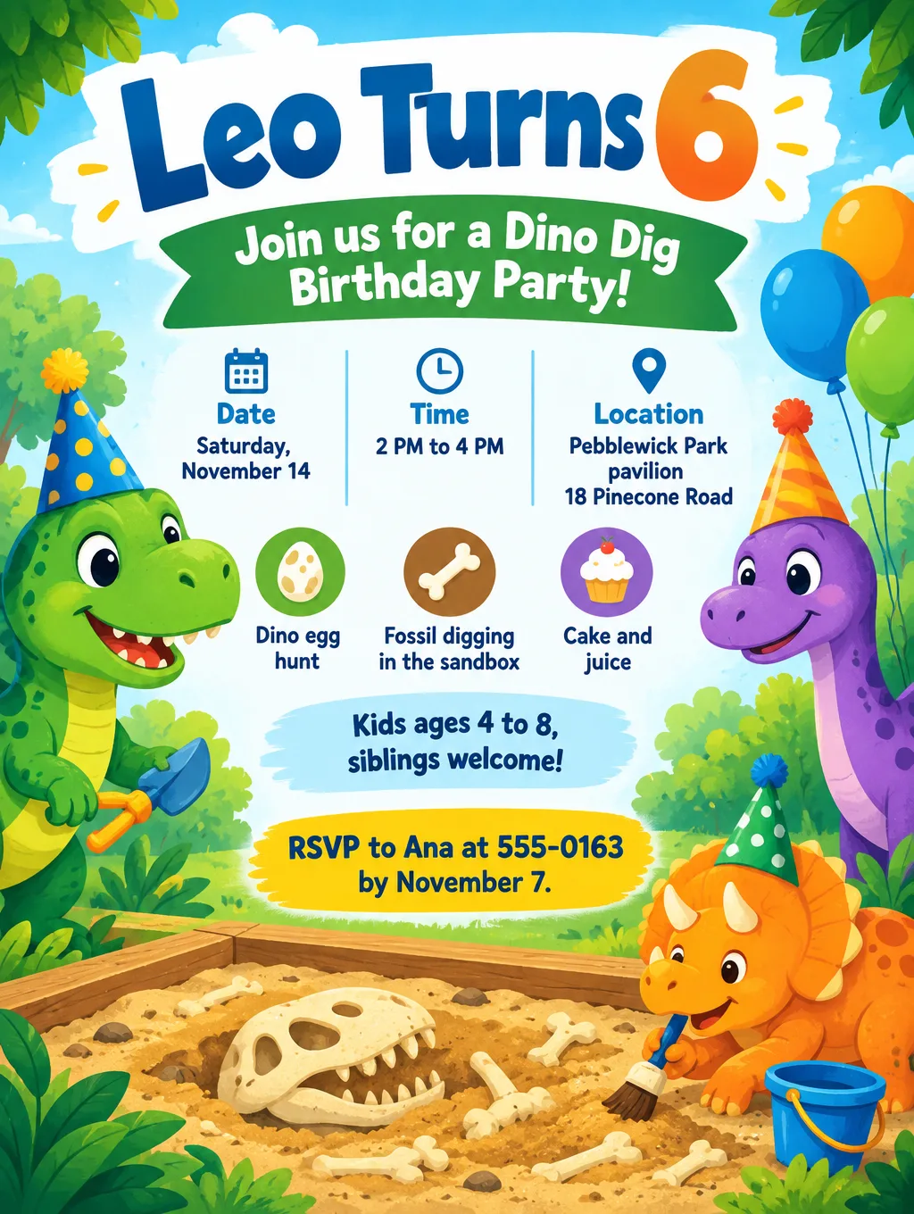 Kids birthday invitation with cartoon dinosaurs in party hats, Leo turns 6, Saturday, November 14, 2 PM to 4 PM