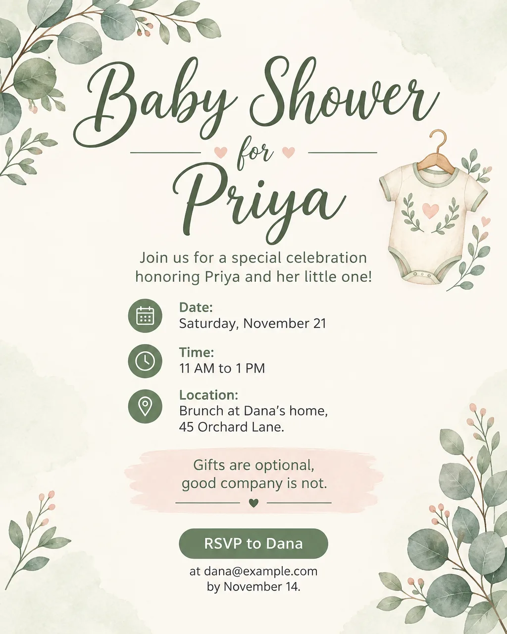 Baby shower invitation in sage and blush with watercolor eucalyptus, brunch Saturday, November 21, 11 AM