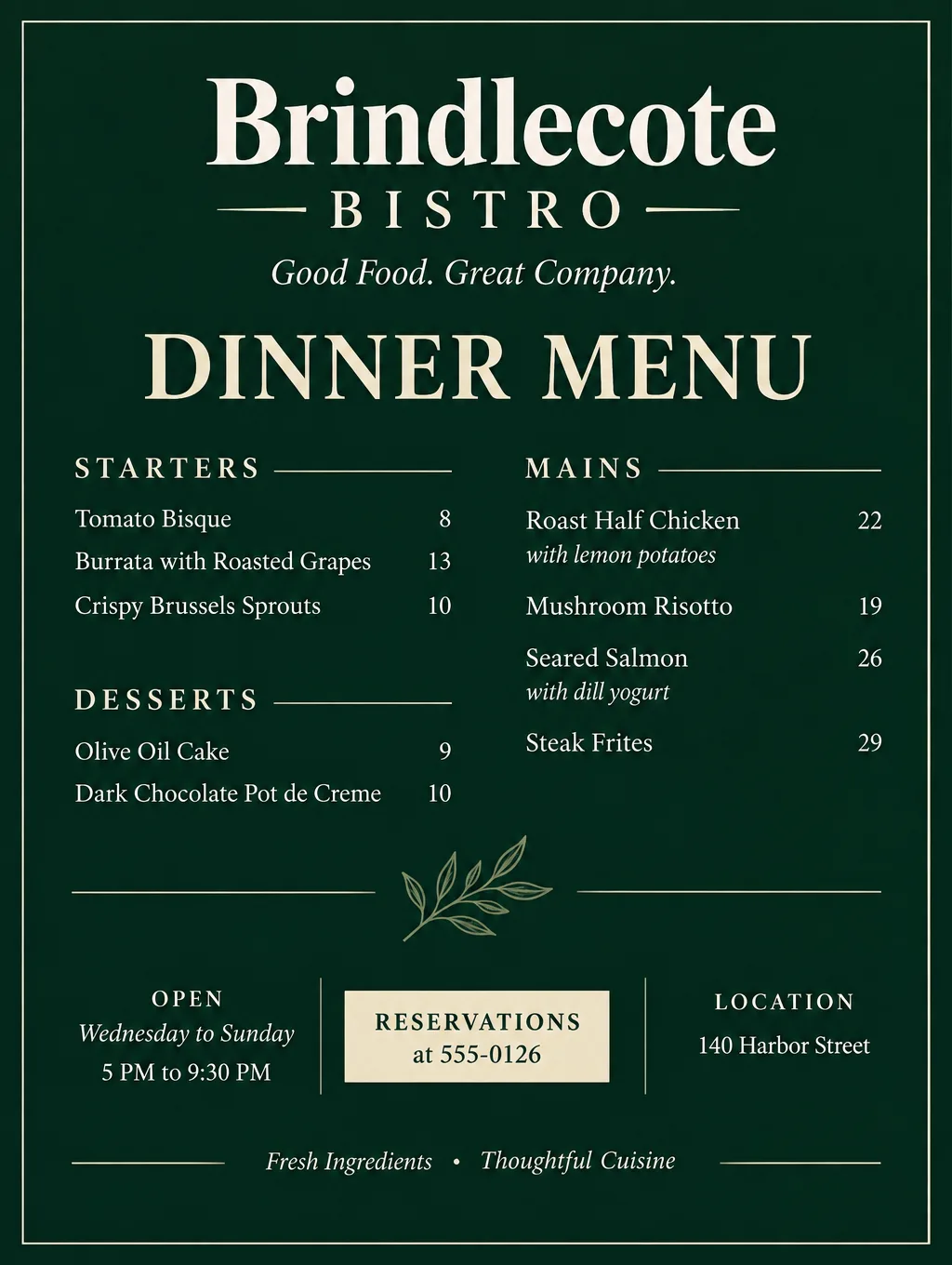 Bistro dinner menu in dark green and cream listing starters, mains and desserts with their prices