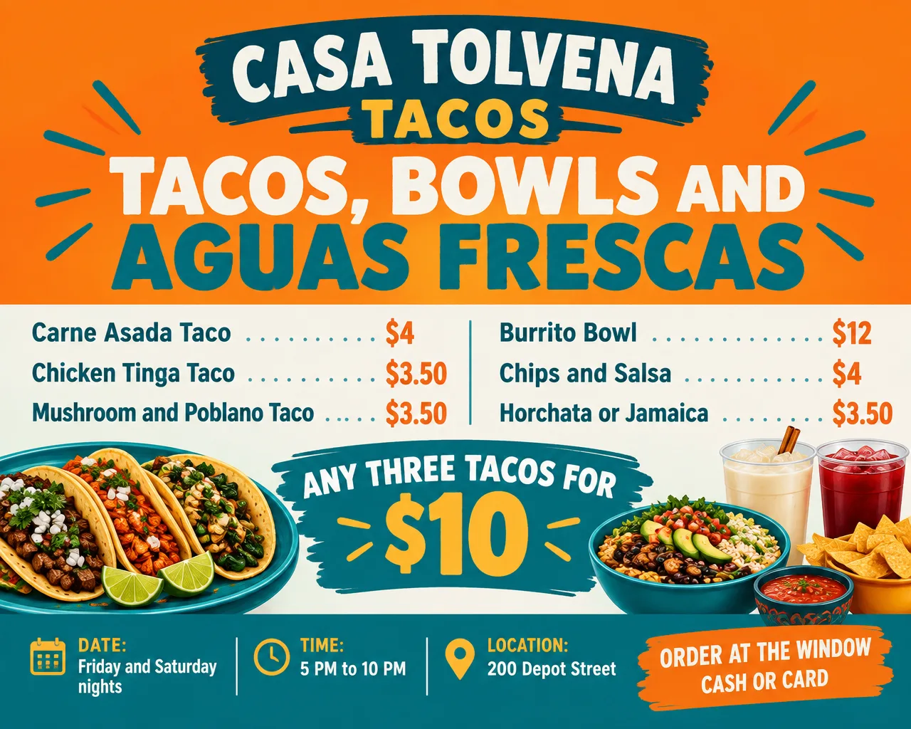Wide food truck menu board with taco, bowl and drink prices in bold orange and teal