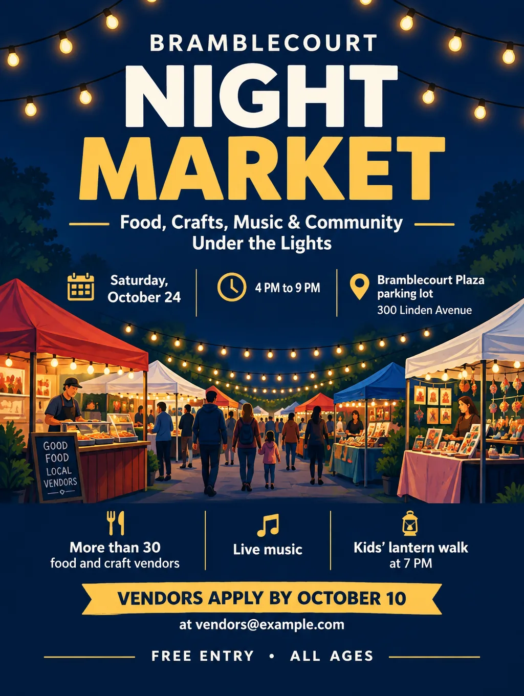 Night market poster with string lights over food stalls, Saturday, October 24, 4 PM to 9 PM, free entry