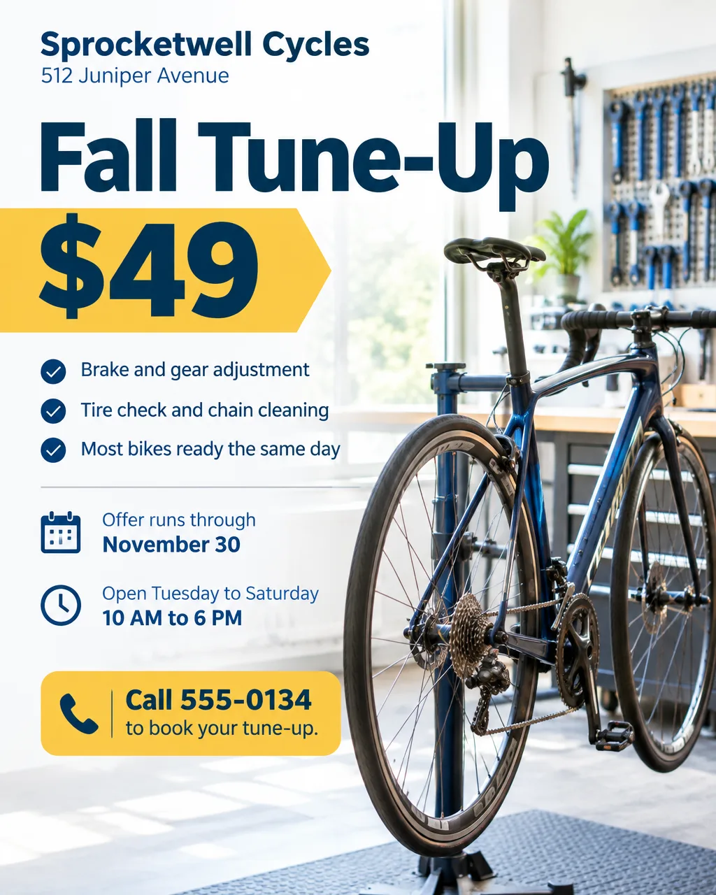 Bike shop window poster with a road bike photo, Fall Tune-Up $49, offer through November 30, call 555-0134