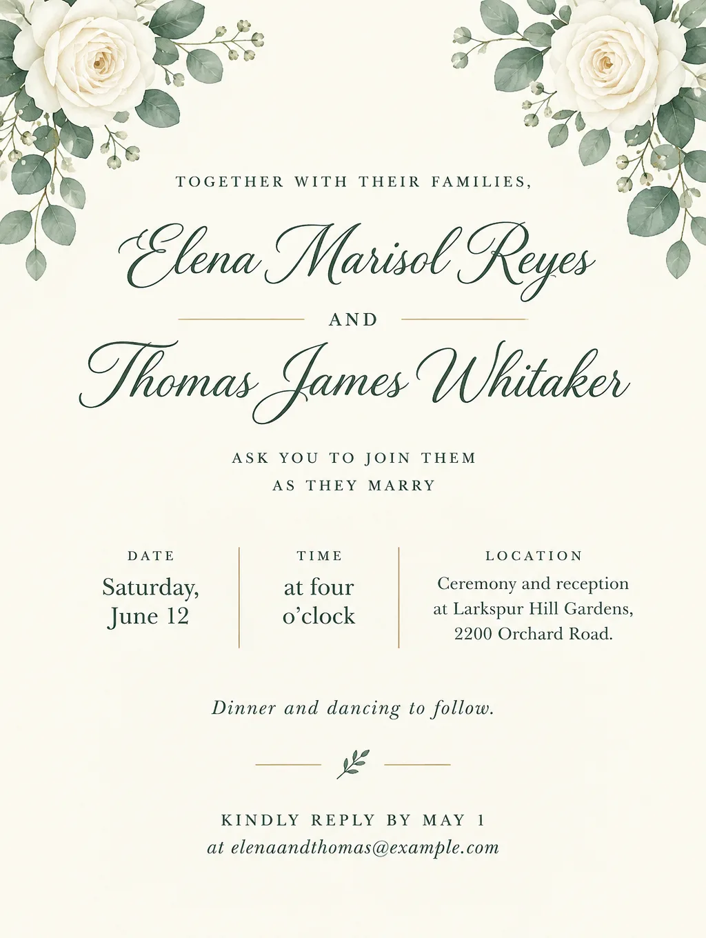 Ivory garden wedding invitation with watercolor white roses, Elena and Thomas, Saturday, June 12, Larkspur Hill Gardens
