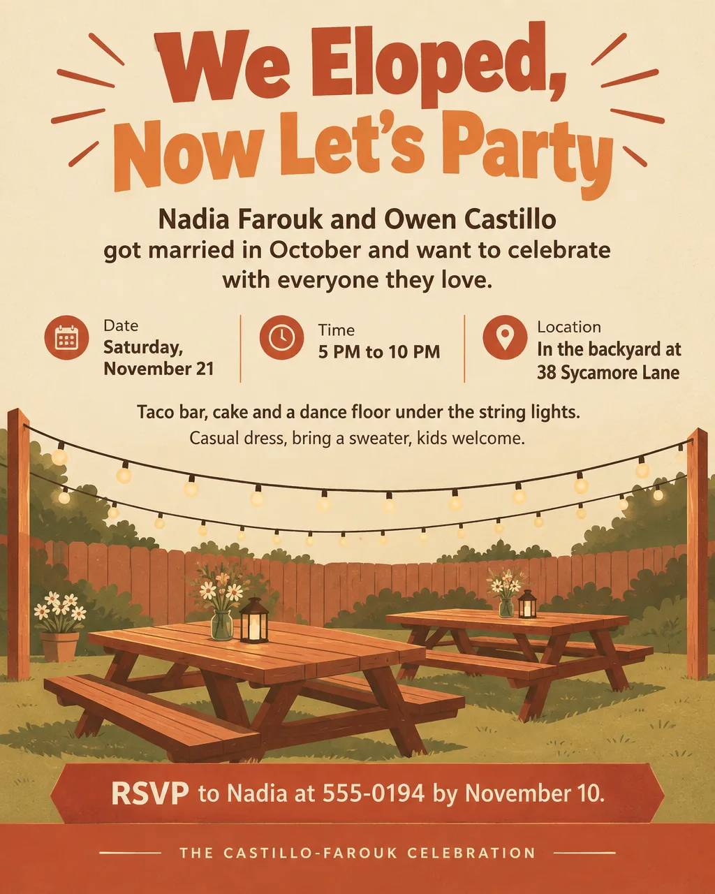 Retro elopement party invitation with string lights over picnic tables, We Eloped, Now Let's Party, Saturday, November 21