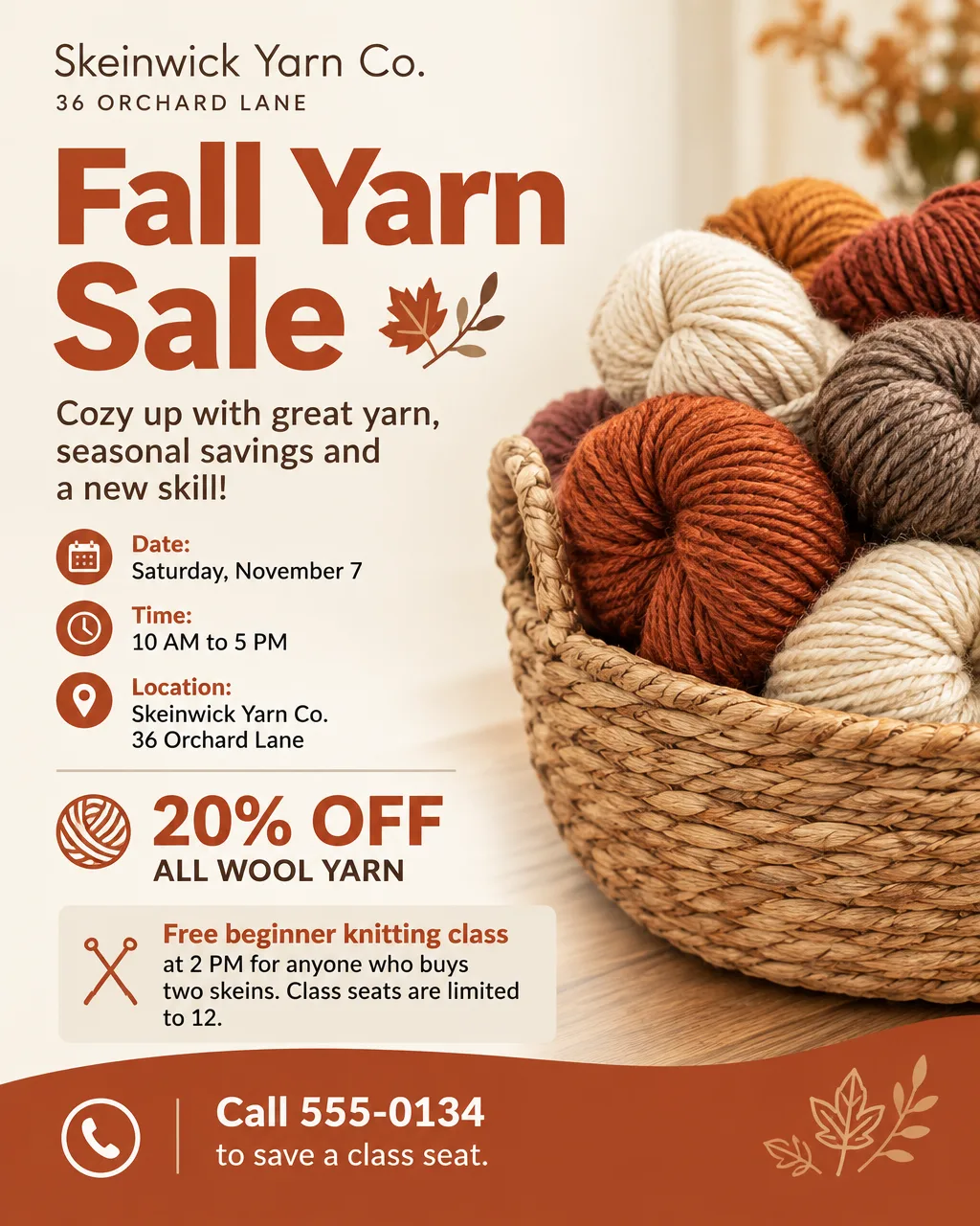 Portrait yarn shop sale flyer with skeins of wool in a basket, 20% off all wool yarn, Saturday, November 7
