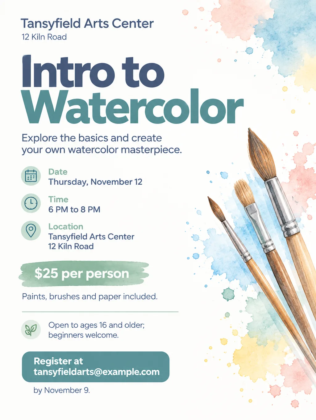 Tall watercolor workshop flyer with illustrated brushes and paint splashes, Thursday, November 12, 6 PM, $25