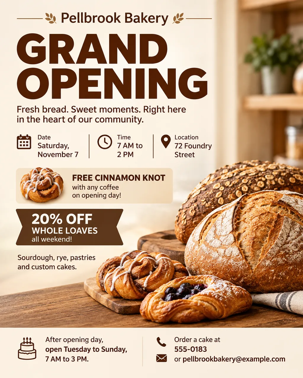 Bakery grand opening flyer with fresh bread on a wooden counter, Saturday, November 7, and an opening-day offer