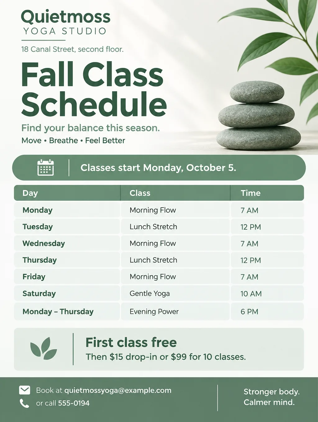 Yoga studio fall class schedule flyer with a clean grid of days and times in sage green, first class free