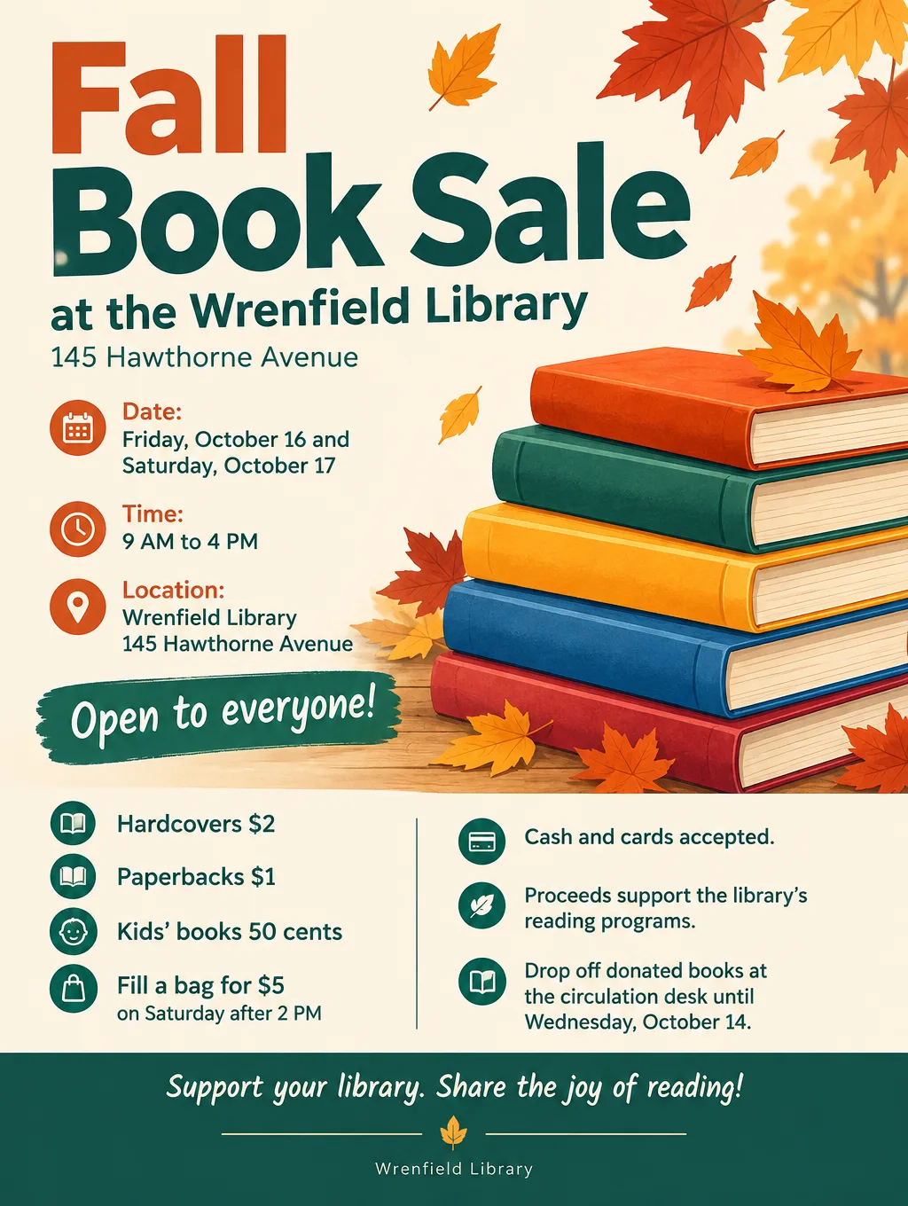 Fall book sale flyer for a library with stacked books and autumn leaves, October 16 and 17, and a price list