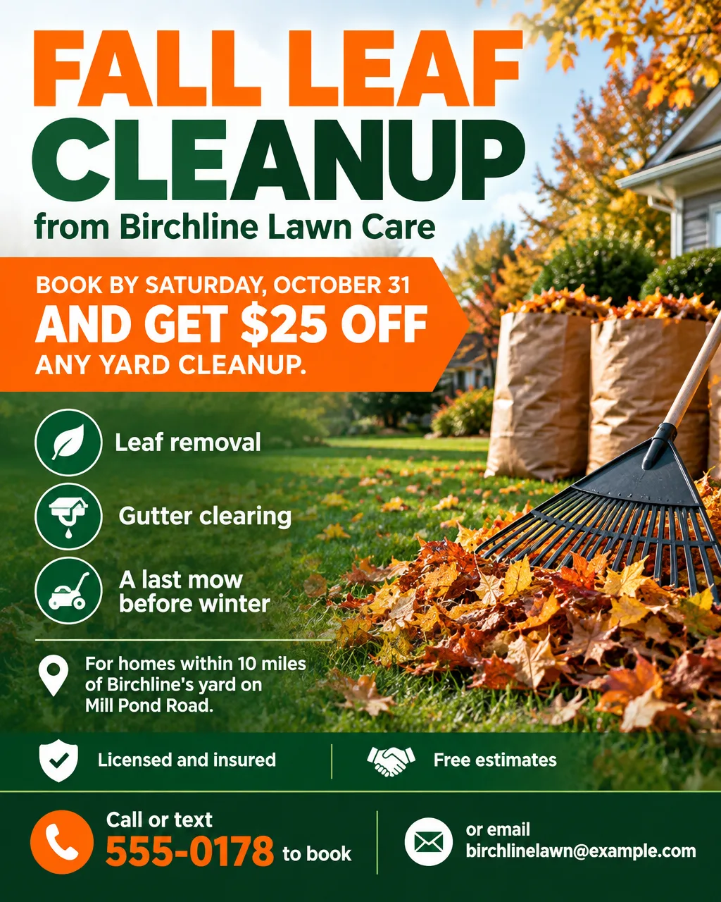 Fall leaf cleanup flyer for a lawn care company with a raked yard photo, $25 off before October 31, and a phone number