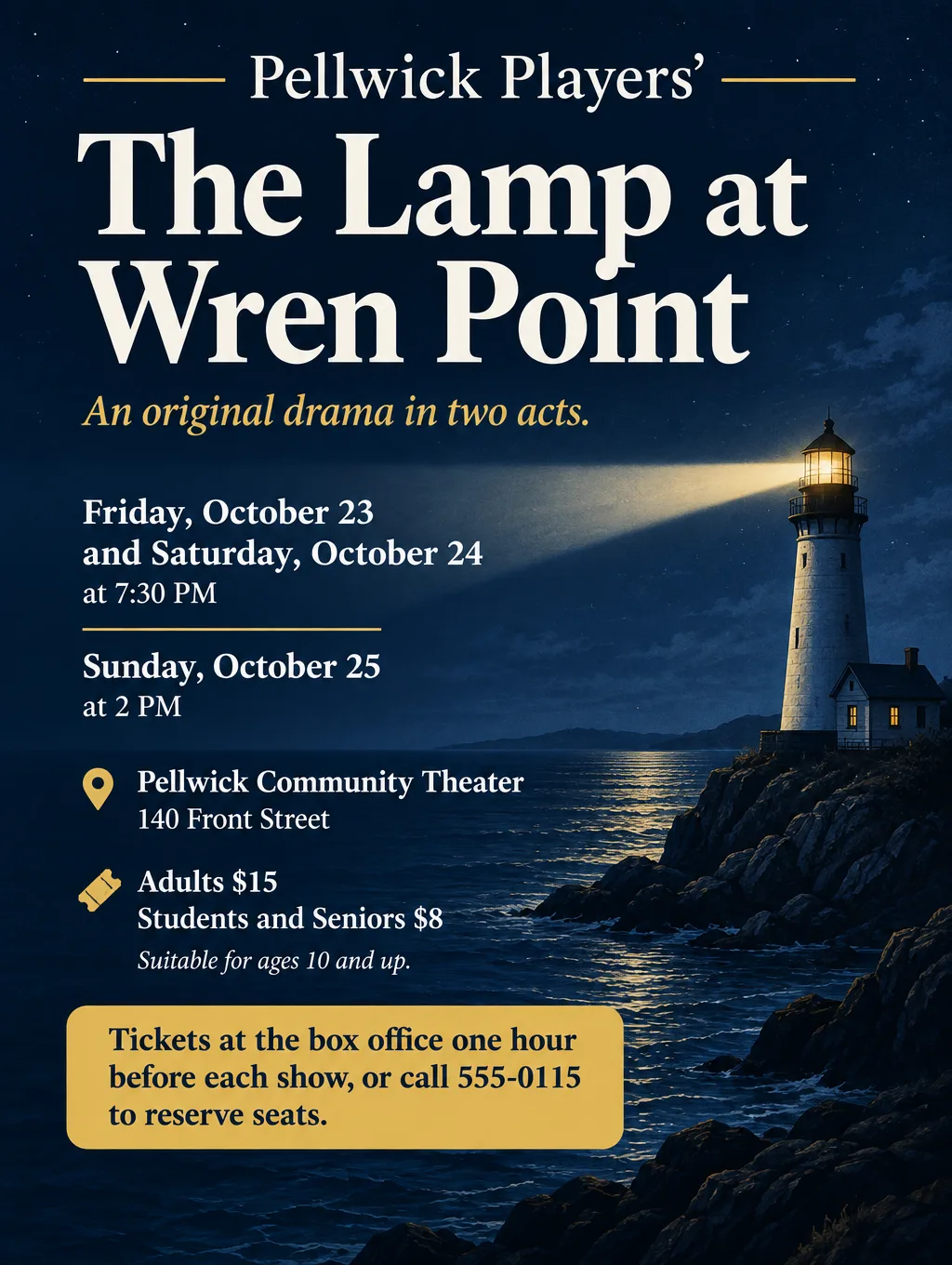 Community theater poster with a lighthouse at night, The Lamp at Wren Point, October 23 to 25, adults $15