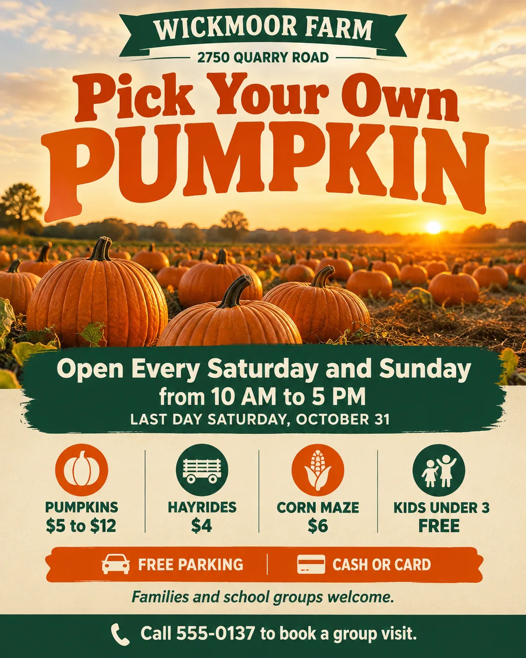 Pumpkin patch poster with a photo of orange pumpkins in a field, weekends in October, pumpkins $5 to $12, hayrides $4