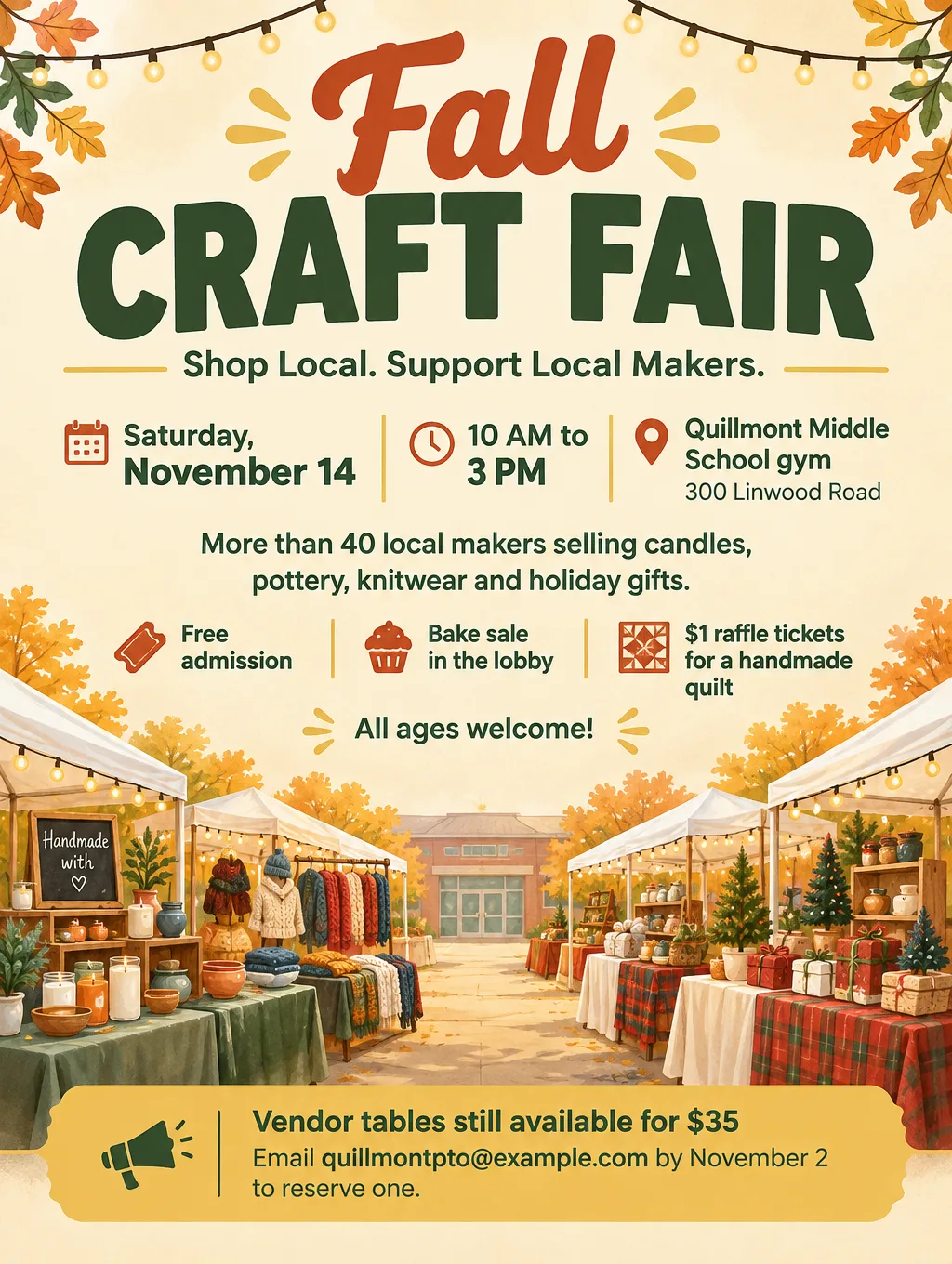 School fall craft fair flyer with illustrated market tables under string lights, Saturday, November 14, 10 AM to 3 PM