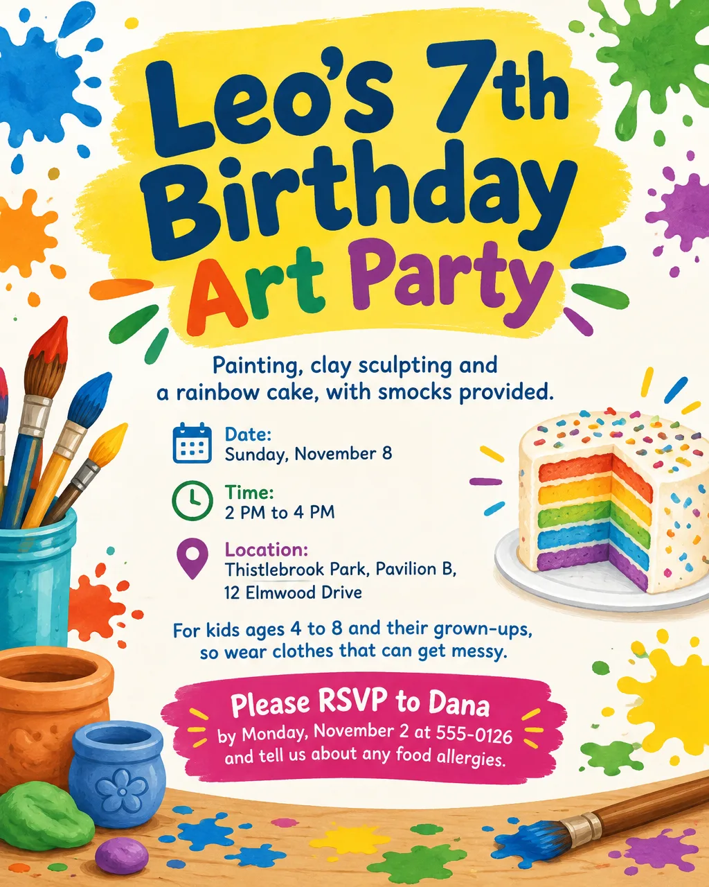 Kids' art party birthday flyer with paint splatters, brushes and clay pots, Sunday, November 8, 2 PM to 4 PM, RSVP line