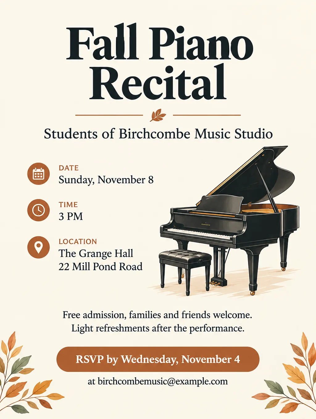 Fall piano recital flyer with a painted grand piano and bench, Sunday, November 8, 3 PM, free admission, RSVP email