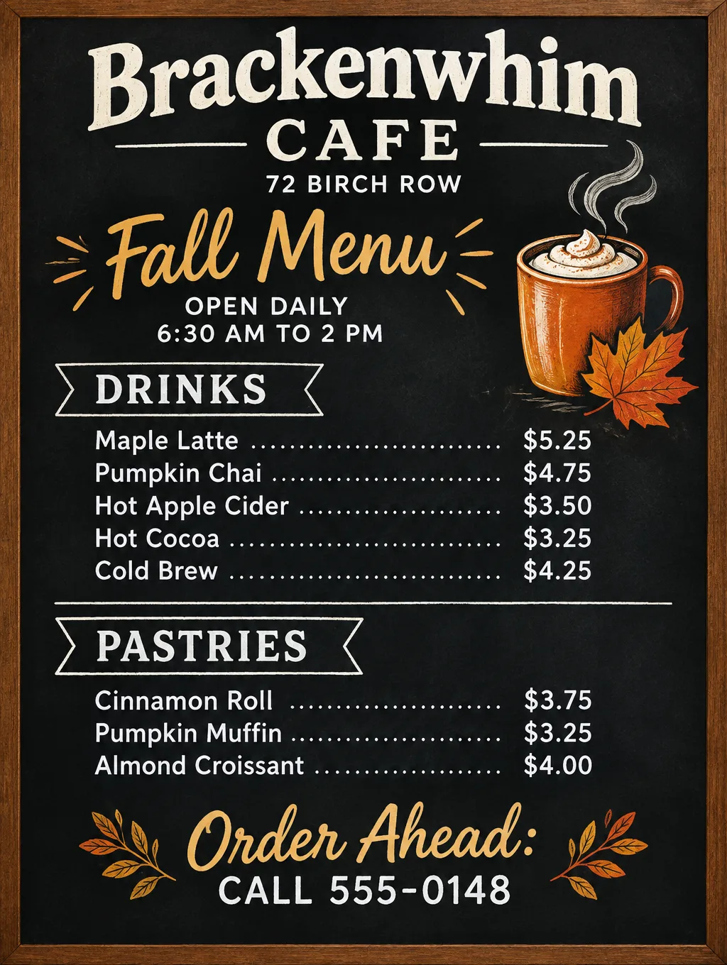 Chalkboard-style cafe menu with five fall drinks and three pastries, each with a price, and a small mug illustration