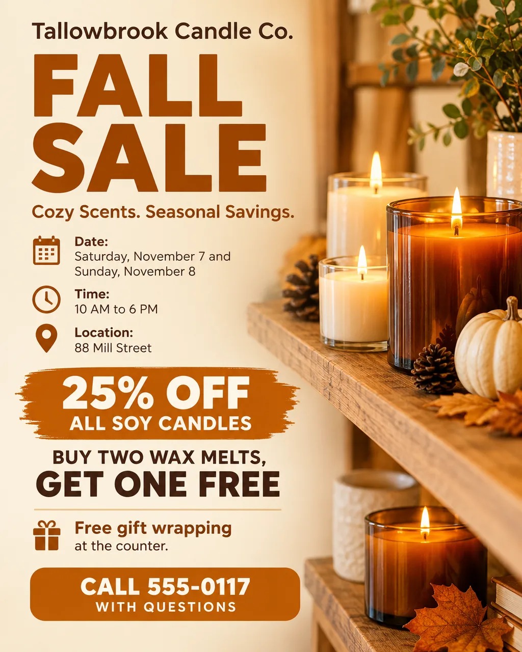Fall sale flyer for a candle shop with lit candles on a shelf, 25% off soy candles, November 7 and 8