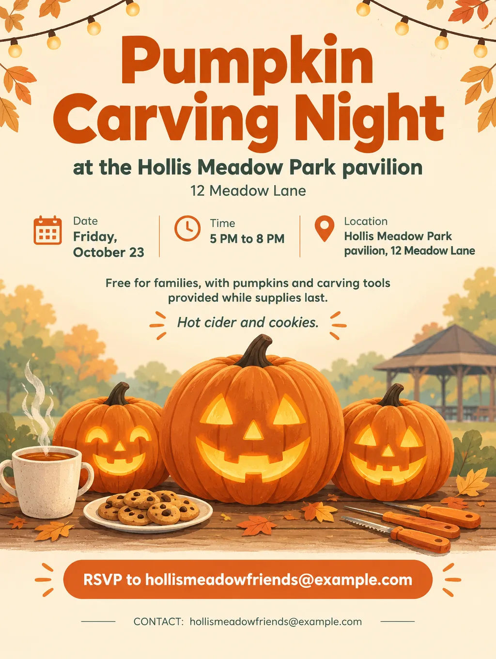 Pumpkin carving night flyer with illustrated pumpkins under string lights, Friday, October 23, 5 PM to 8 PM