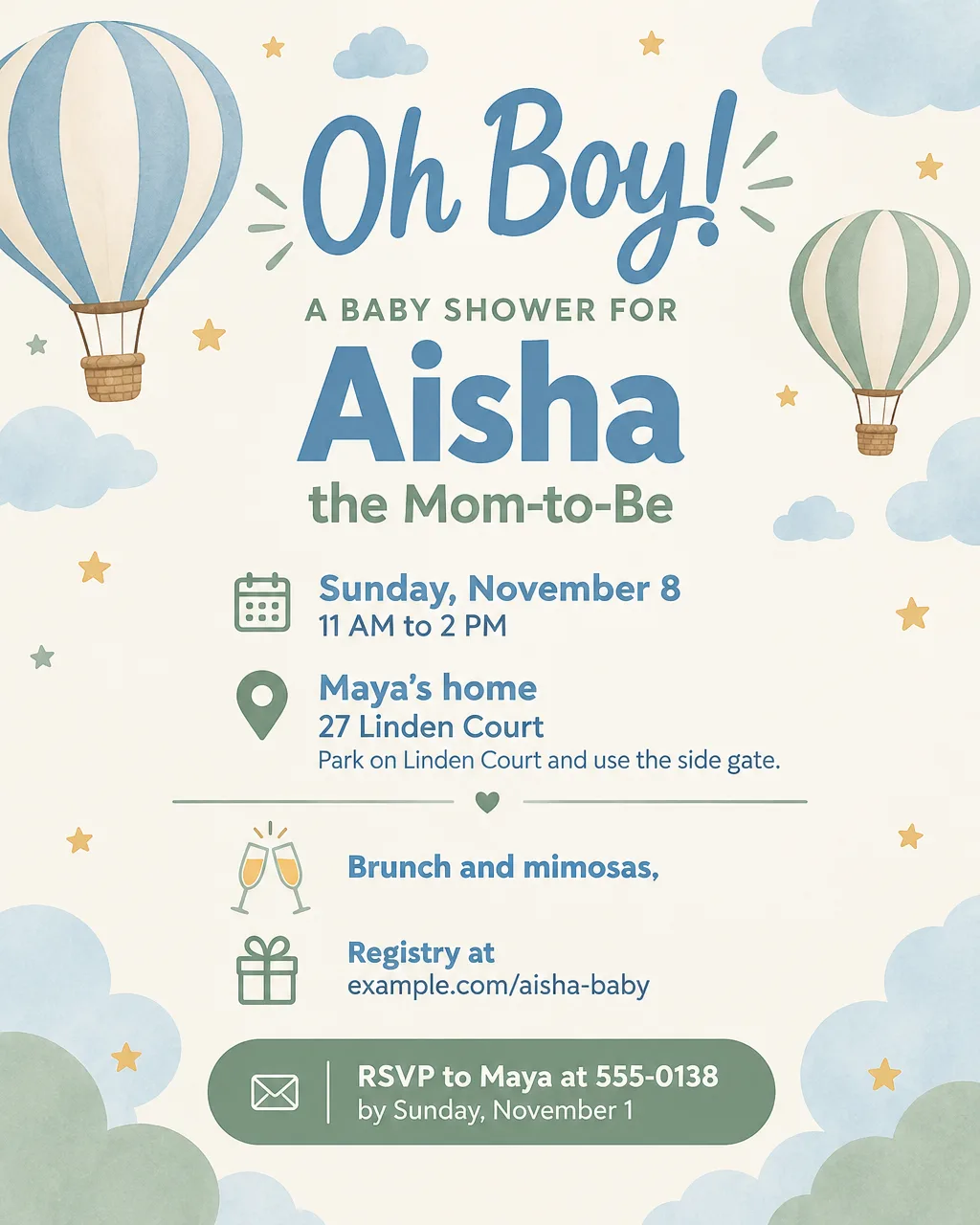 Soft blue and sage Oh Boy baby shower flyer with hot air balloons and clouds, Sunday, November 8, 11 AM brunch