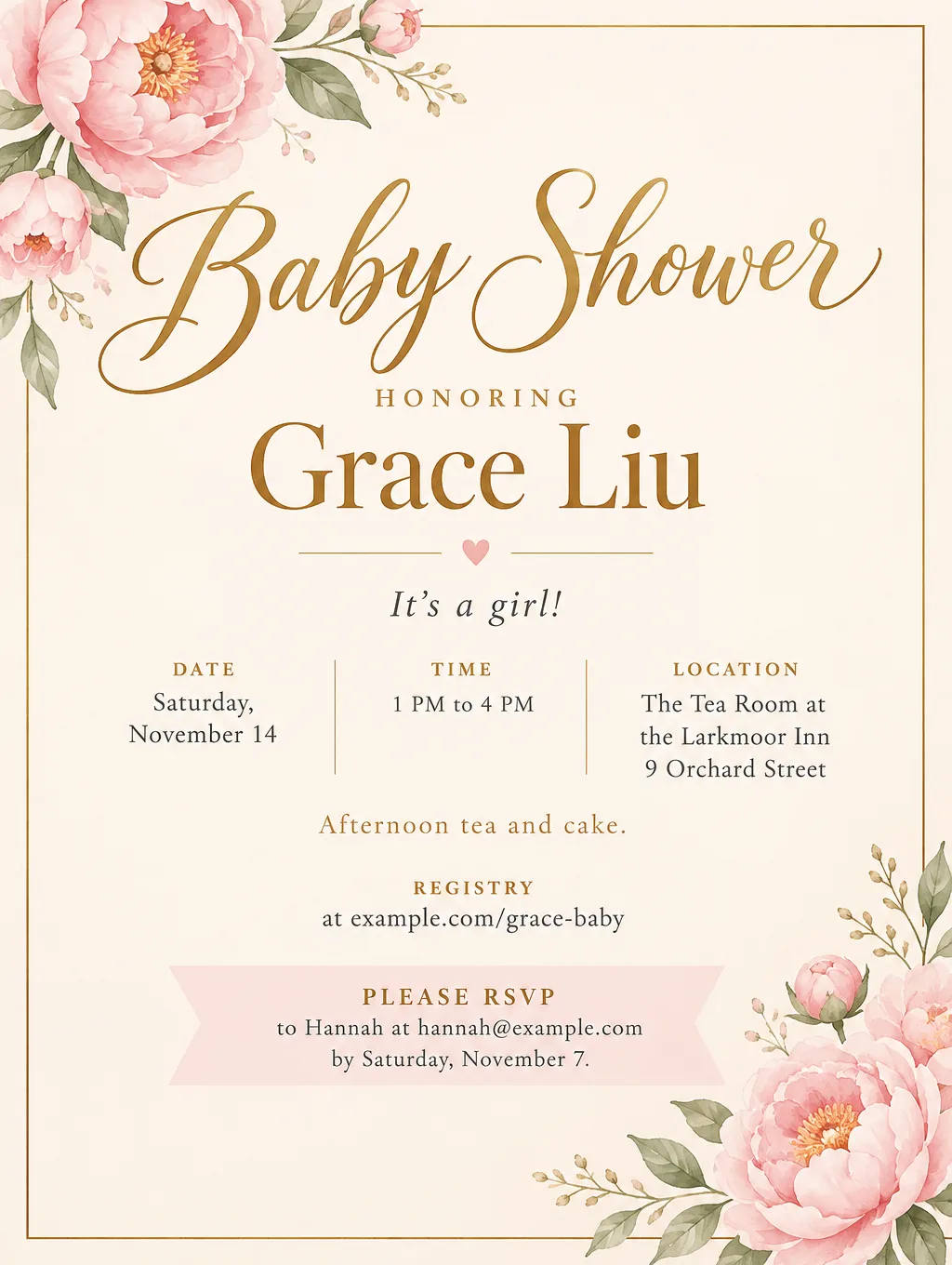 Blush pink and cream baby shower flyer with watercolor peonies and gold script, Saturday, November 14, afternoon tea