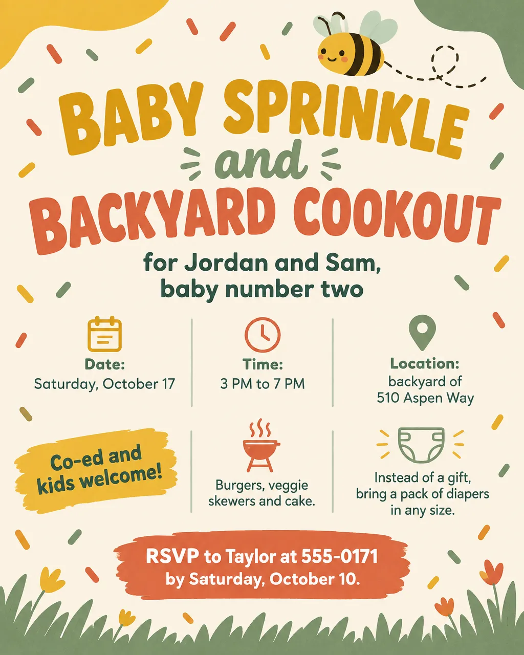 Mustard and sage co-ed baby sprinkle flyer with a cartoon bee, Saturday, October 17, 3 PM backyard cookout