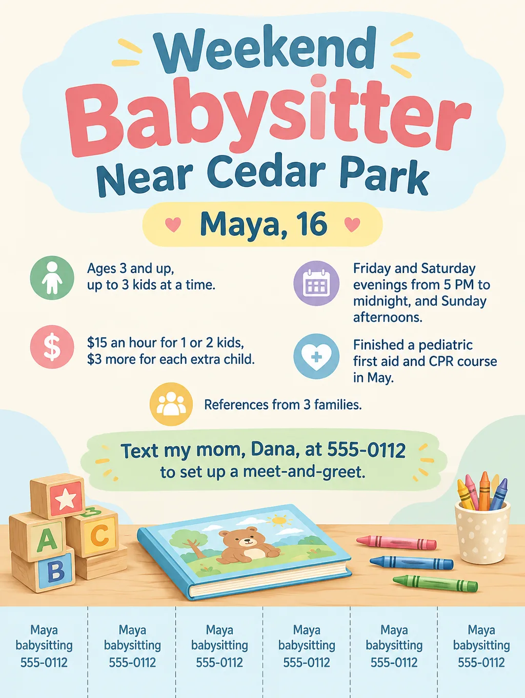Teen babysitting flyer reading Weekend Babysitter Near Cedar Park, $15 an hour, with blocks, a storybook and tear-off tabs