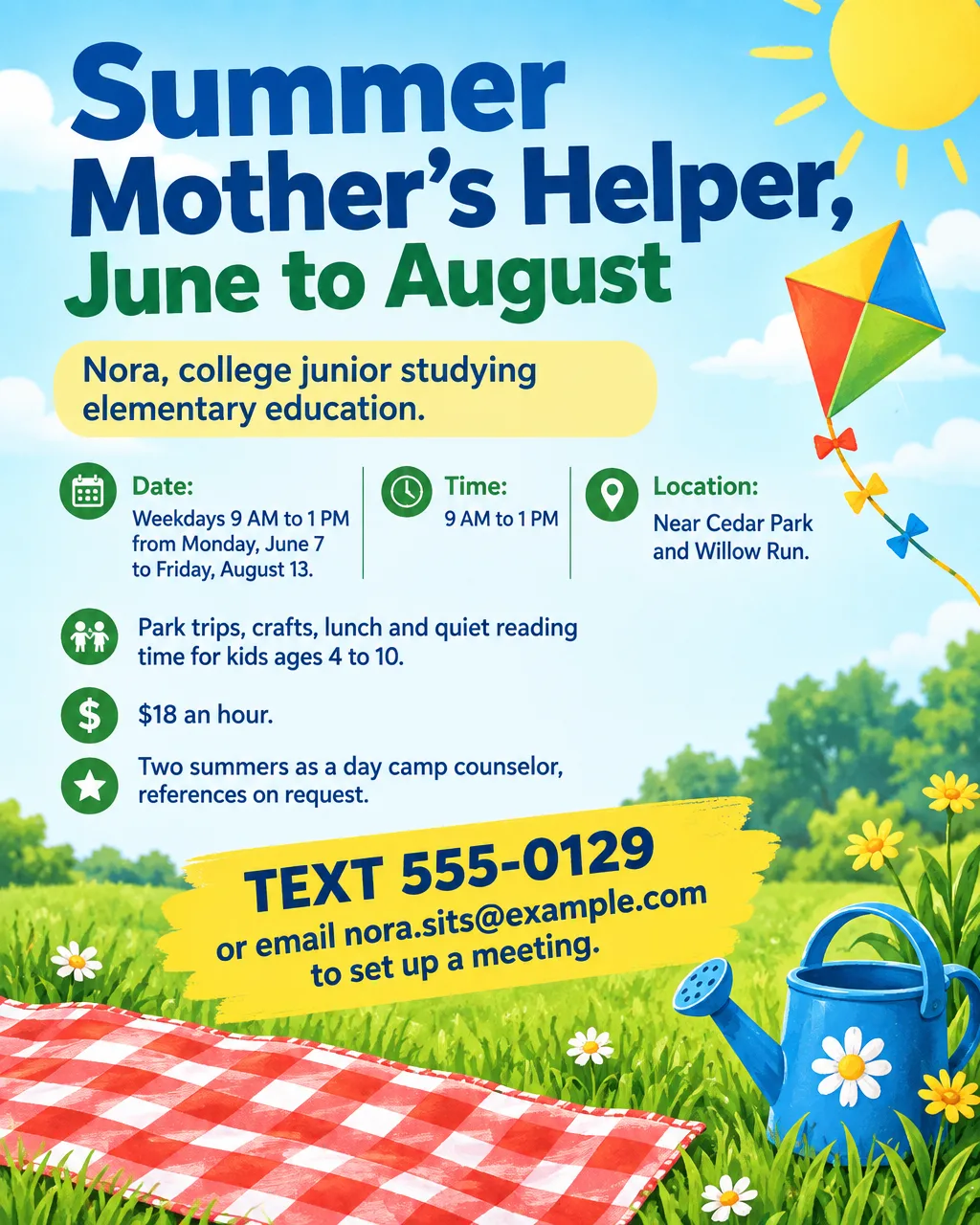 Summer mother's helper flyer with a picnic blanket and kite illustration, weekday mornings June 7 to August 13, $18 an hour