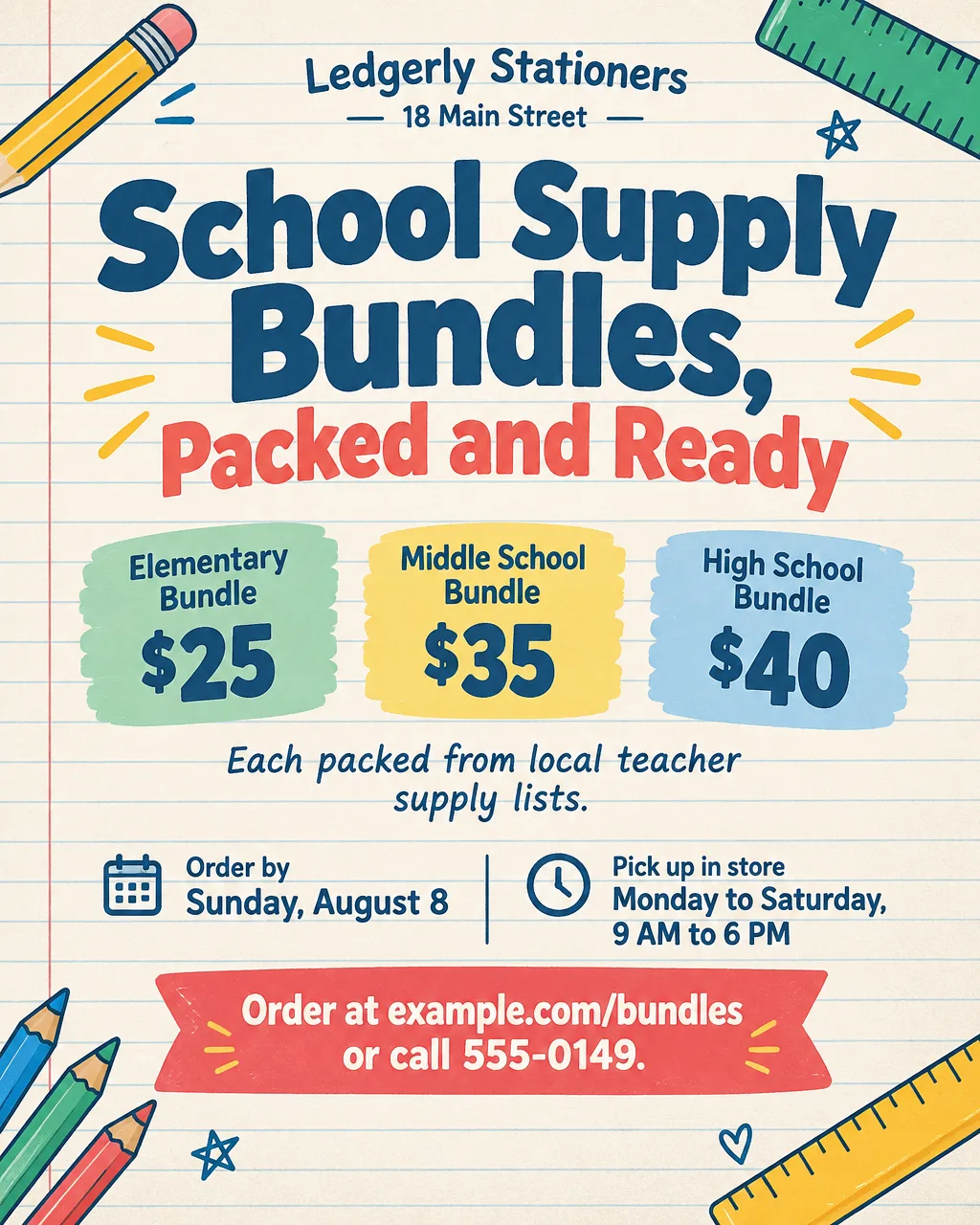 School supply bundle flyer on a notebook-paper background, elementary bundle $25, order by Sunday, August 8