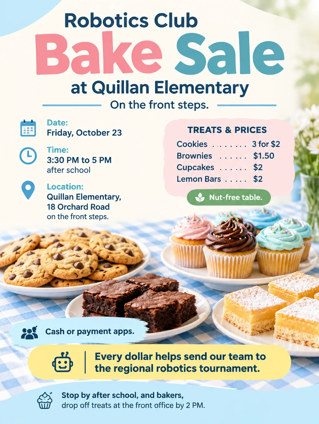 Pastel school bake sale flyer with a cupcake photo, a price list and the date Friday, October 23