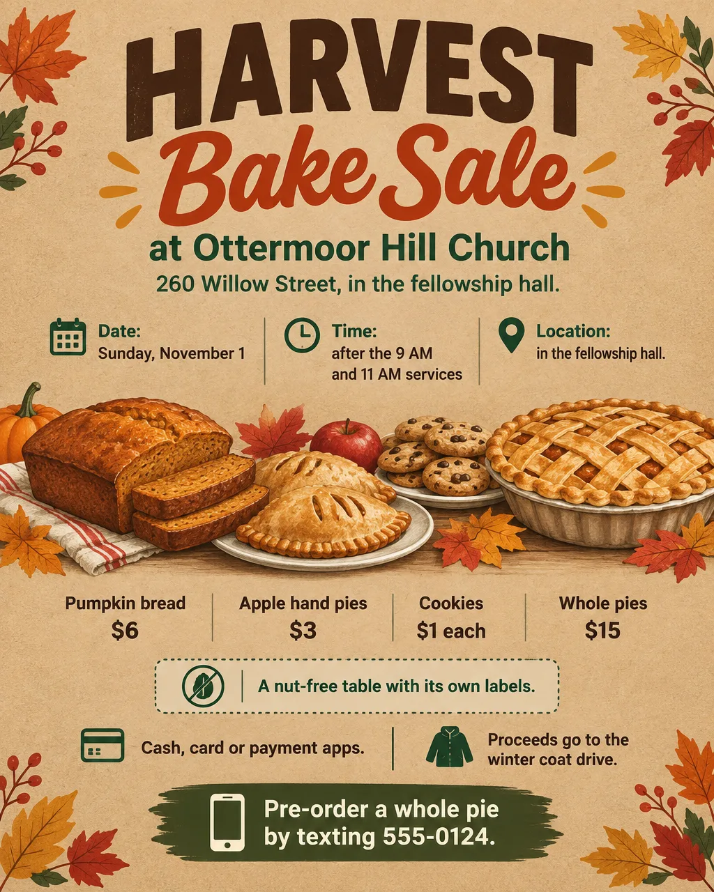 Church harvest bake sale flyer on a kraft paper background with illustrated pies, a price list and a nut-free table note