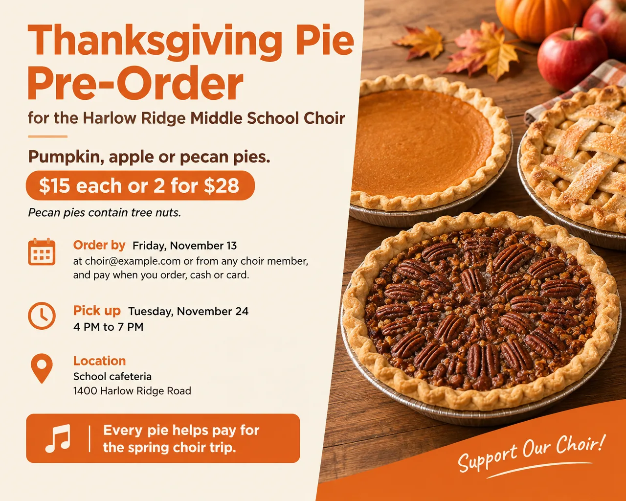 Wide Thanksgiving pie pre-order flyer for a school choir with a photo of three pies, prices and pickup Tuesday, November 24