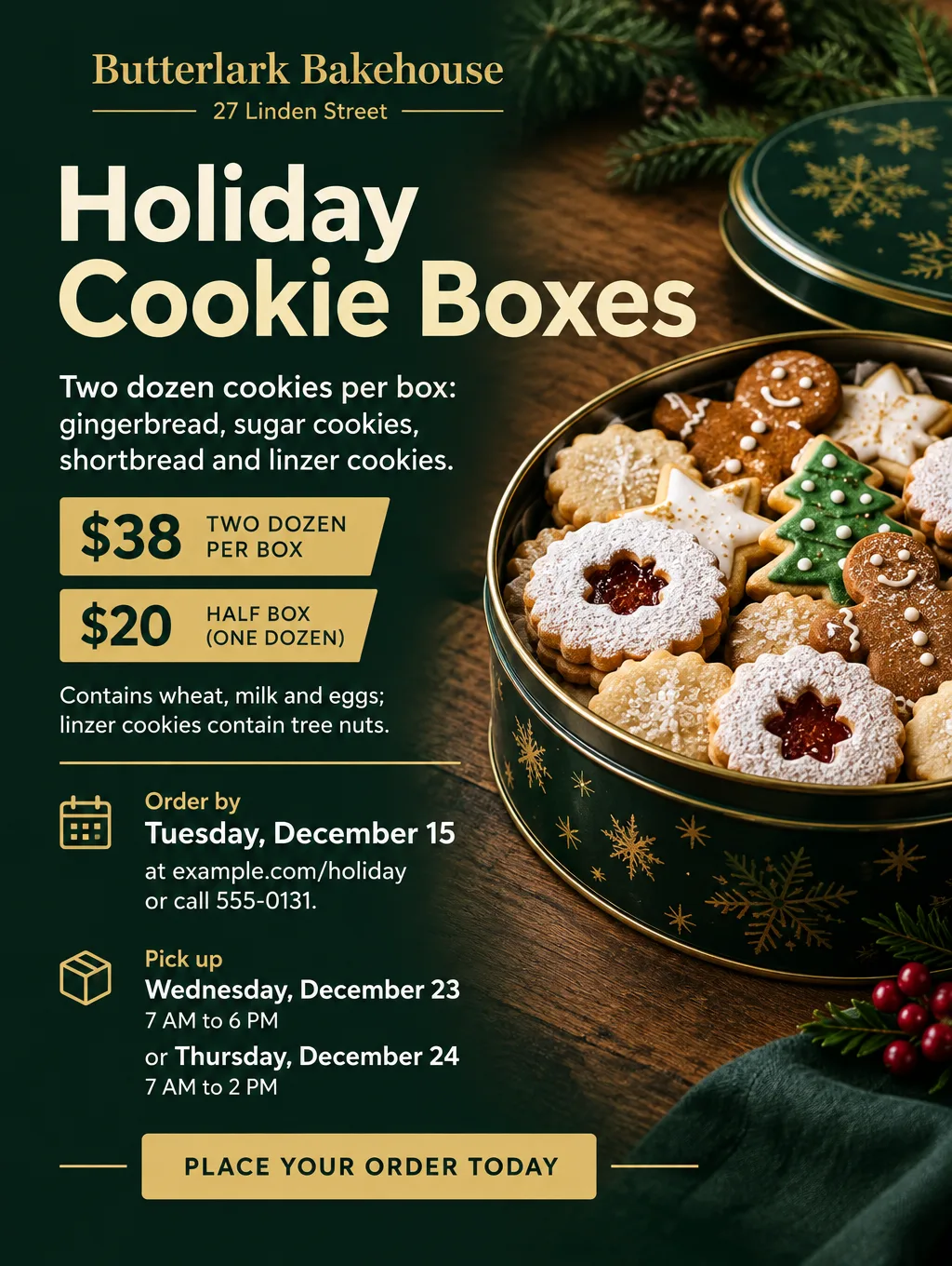 Holiday cookie box pre-order flyer with a photo of a tin of decorated cookies, order by Tuesday, December 15