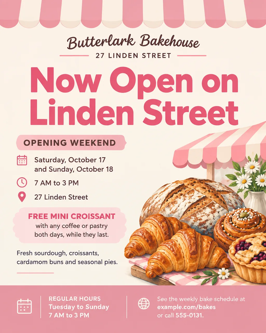 Bakery grand opening flyer with illustrated croissants and a storefront awning, Saturday, October 17, 7 AM to 3 PM