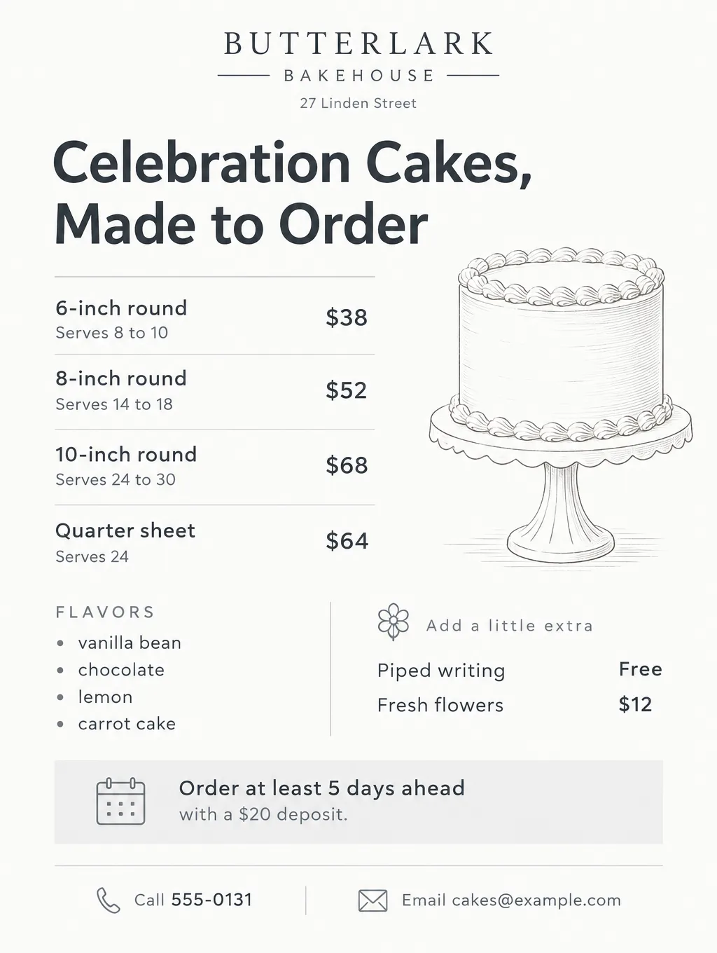 Custom cake price list flyer with 6, 8 and 10 inch cake prices, servings and a 5 day ordering notice