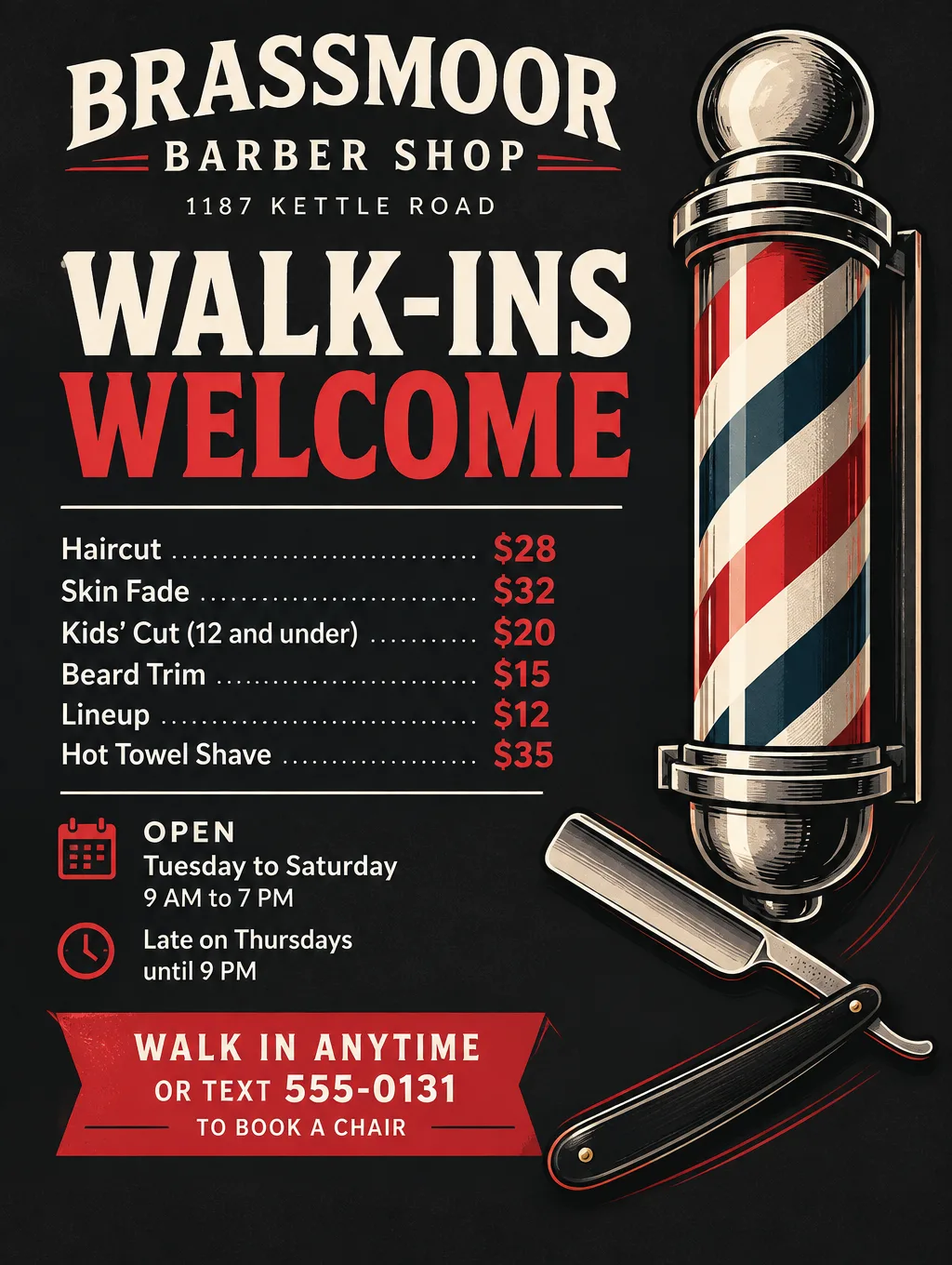 Vintage barber shop price list flyer on dark charcoal with a barber pole and straight razor drawing, Walk-Ins Welcome