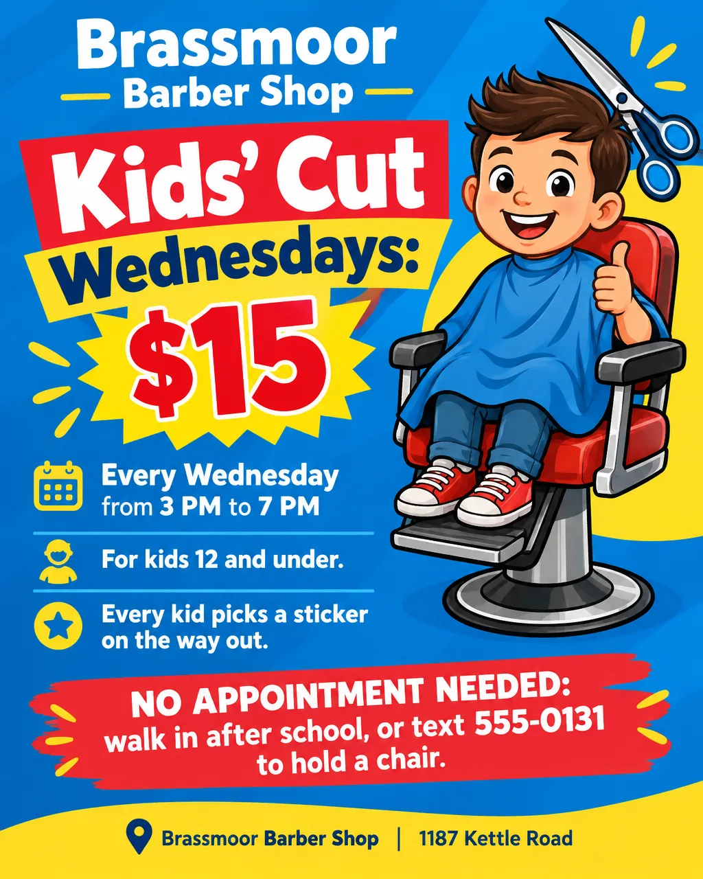 Bright kids' cut day flyer with a cartoon kid in a barber chair and scissors, Kids' Cut Wednesdays $15