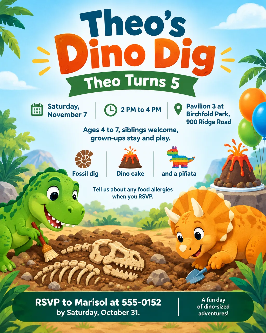 Kids birthday flyer with cartoon dinosaurs digging for fossils and a volcano cake, Theo Turns 5, Saturday, November 7, 2 PM