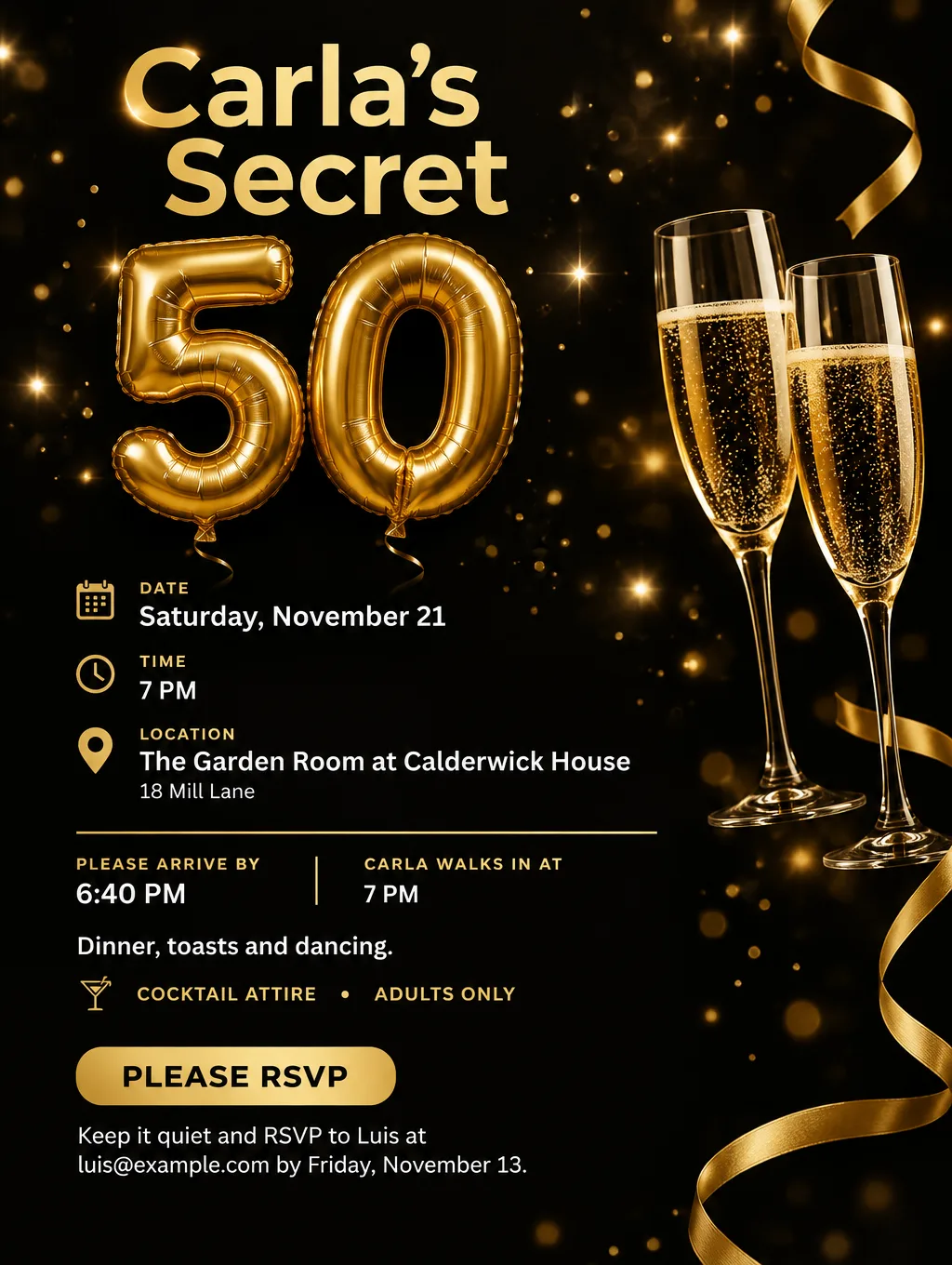 Black and gold surprise 50th birthday flyer with gold 5 and 0 balloons and champagne glasses, Saturday, November 21