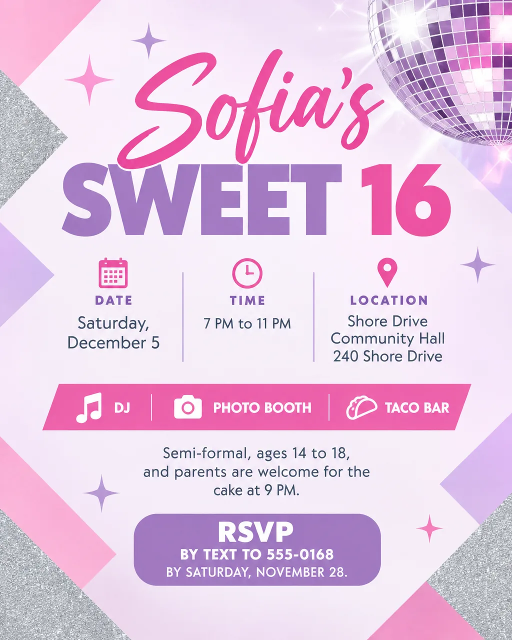 Pink, lilac and silver Sweet 16 flyer with geometric shapes and disco sparkles, Saturday, December 5, 7 PM