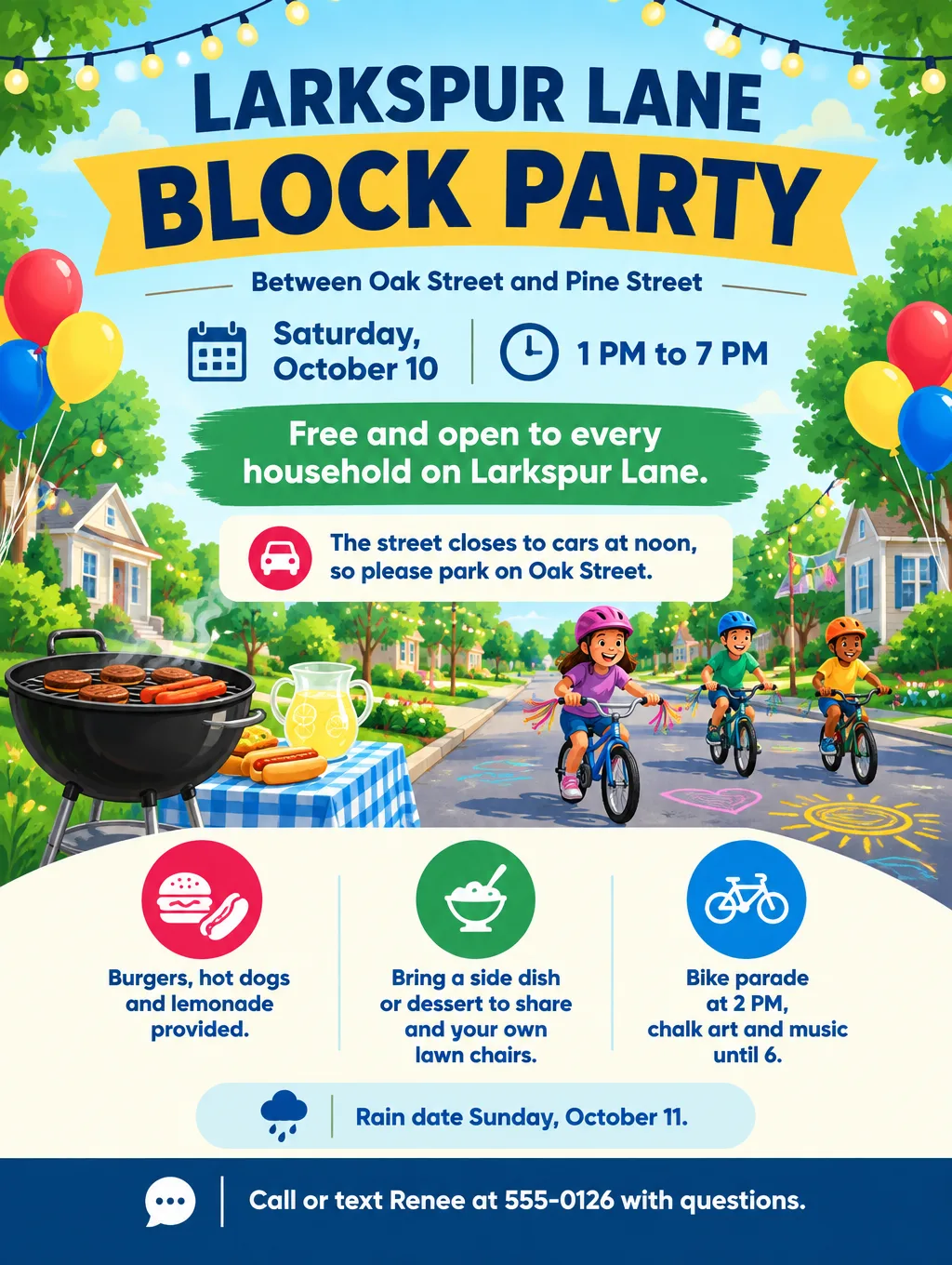 Bright block party flyer with string lights, a grill and kids on bikes, Larkspur Lane, Saturday, October 10, 1 PM