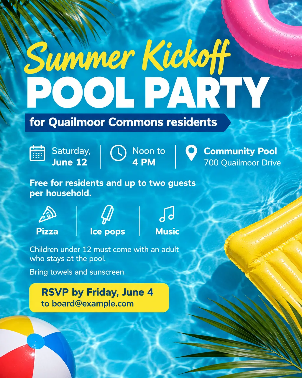 Summer pool party flyer with a photo of a sunny pool and floats, Quailmoor Commons, Saturday, June 12, noon to 4 PM