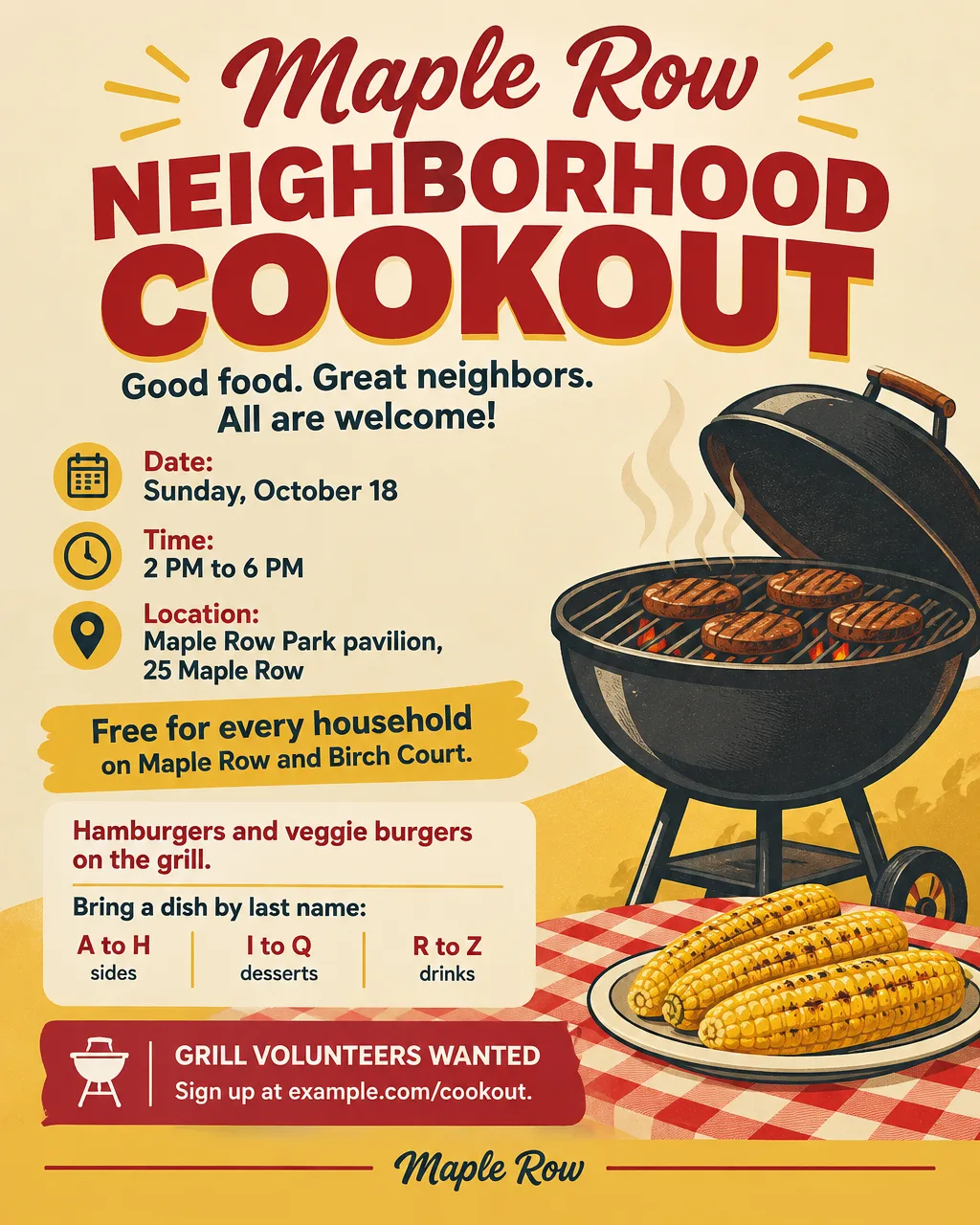 Retro cookout flyer with an illustrated grill, corn and checkered tablecloth, Maple Row, Sunday, October 18, 2 PM