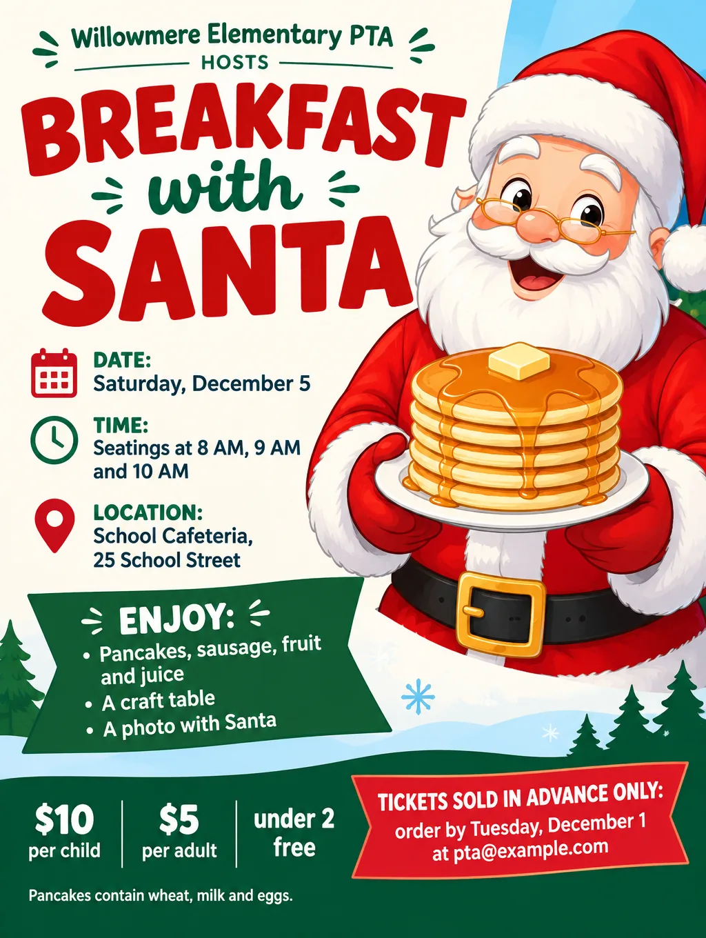 PTA breakfast with Santa flyer with a cartoon Santa and pancakes, three seating times and ticket prices for kids and adults