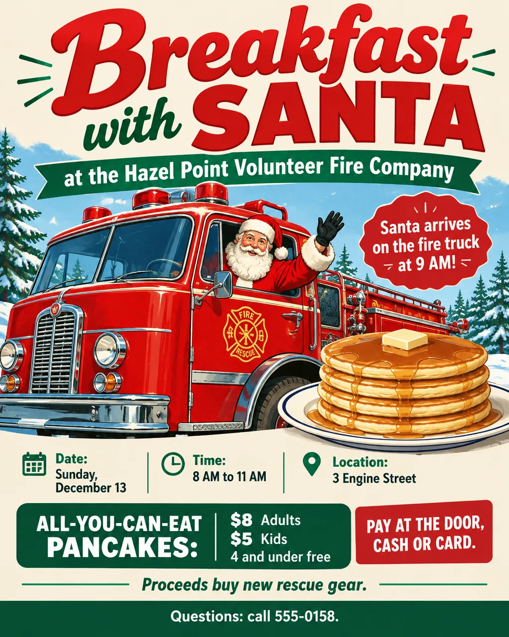 Retro fire hall flyer showing Santa arriving on a red fire truck, with the date Sunday, December 13 and pancake prices