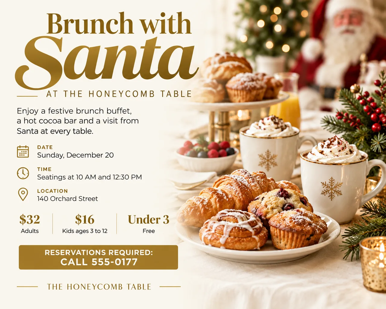 Wide restaurant flyer for brunch with Santa with a photo of a holiday brunch table, two seating times and a reservation number