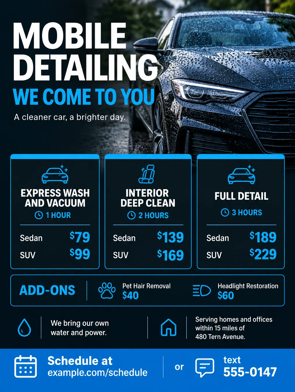 Mobile car detailing flyer with a photo of a dark sedan with water beading, packages priced for sedans and SUVs