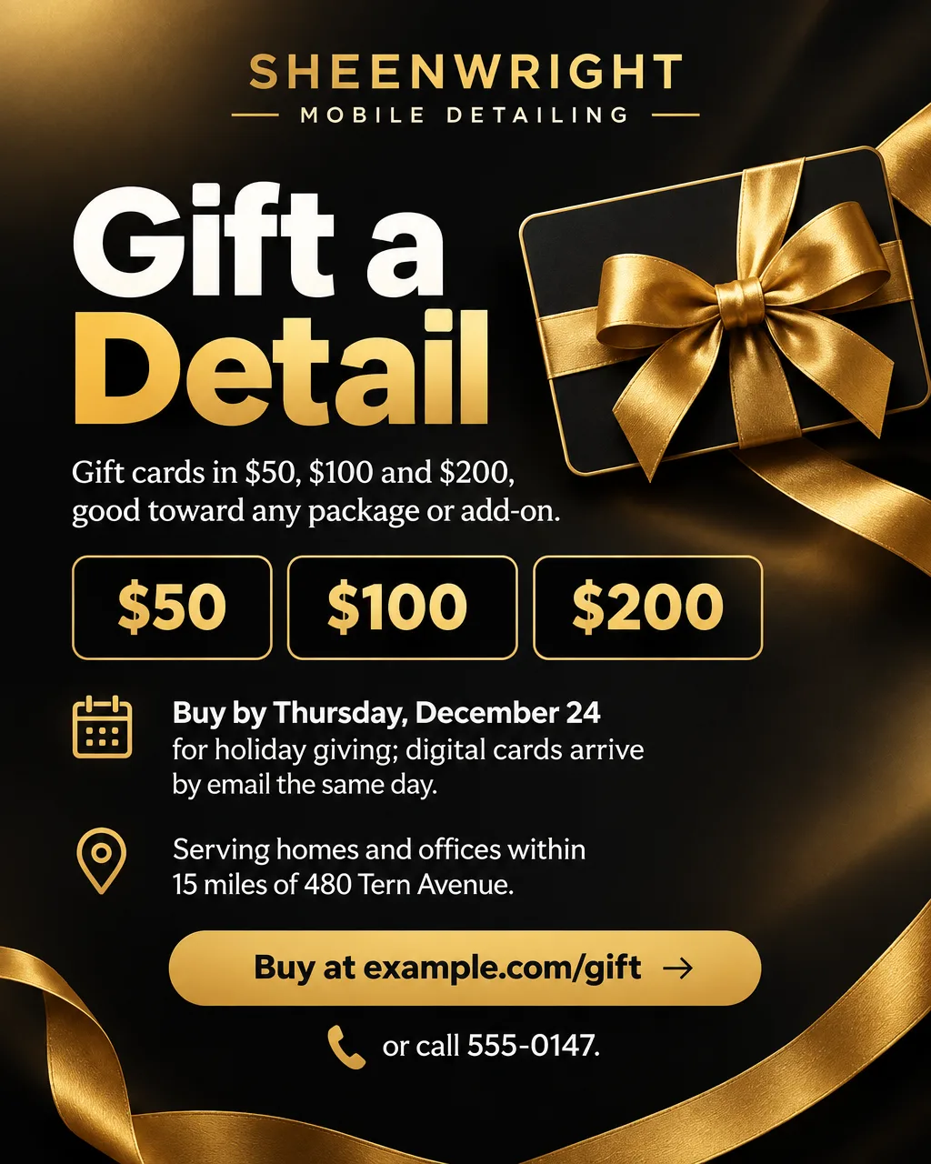Holiday detailing gift card flyer in black and gold with smooth color blends, gift cards of $50, $100 and $200