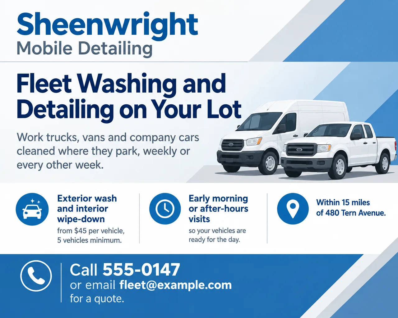 Blue and white fleet detailing flyer with a white van and pickup truck, from $45 per vehicle, 5 vehicles minimum